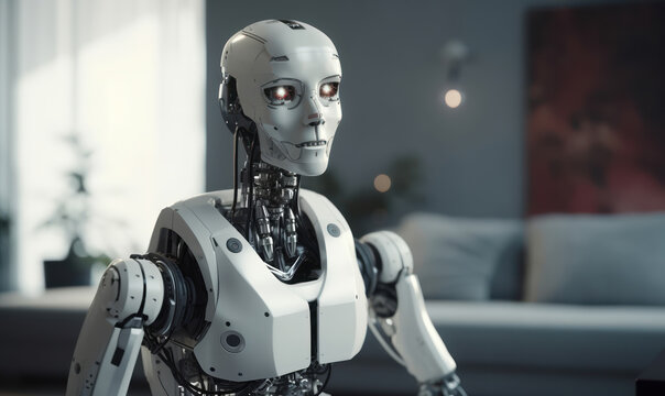 Smat Robot as home assistant with artificial intelligence on modern living room home background. Generative AI