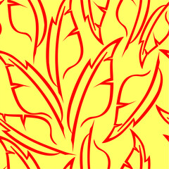 red graphic drawing of stylized feathers on a yellow background, texture, design