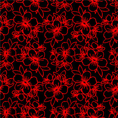 seamless pattern of red contours of flowers on a black background, texture, design