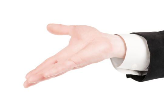 Man in suit open hand making giving or supporting gesture. Isolated png with transparency - Powered by Adobe