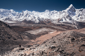Mountain landscape with trekker taking photo of Mount Ama Dablam panoramic view, Nepal, Himalayas