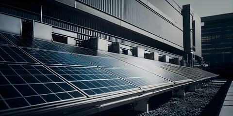Fototapeta premium Solar panels on an industrial building. Solar panels in a factory. Photovoltaic solar panels . Alternative and Renewable energy concept. Generative AI