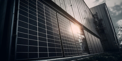 Solar panels on an industrial building. Solar panels in a factory. Photovoltaic solar panels . Alternative and Renewable energy concept. Generative AI