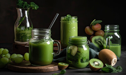 Glass jar mugs with green health smoothie, vegetarian, alkaline food concept, generative AI