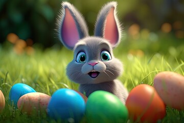 Easter eggs and cute bunny in the grass. Egg hunt. Easter celebration of spring. 3D rendering. AI generated.