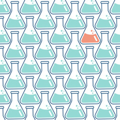 Seamless pattern on the topic of chemistry with flasks, test tubes, molecules