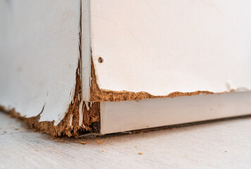 Deteriorated white wooden bookshelf with peeling layers and worn-out material