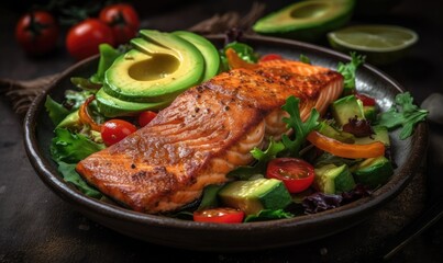 Grilled salmon fish fillet and fresh green lettuce vegetable tomato salad with avocado guacamole, generative AI