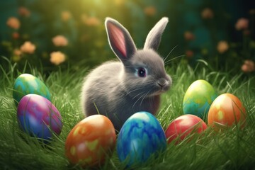 Easter eggs and cute bunny in the grass. Egg hunt. Easter celebration of spring. 3D rendering. AI generated.