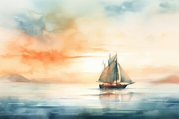 Fototapeta na wymiar a painting of a sailboat in the ocean at sunset. generative ai