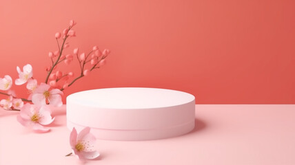 Abstract scene background. White cylinder podium dias on pink background with spring flowers. Product presentation, mock up, show cosmetic product, Podium, stage pedestal or platform. Generative AI.