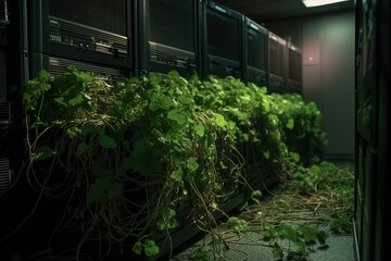 Server room overgrowth with plants. Futuristic view of nature and technology.