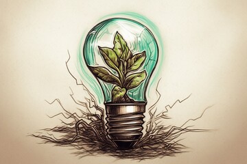 A sketch of a green seedling growing in a light bulb on a white background