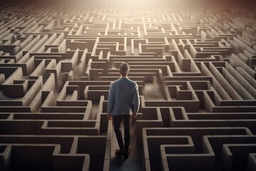Man in maze is looking for way out. Concept of finding right solutions in life. Figure of man in labirynth with high walls. Created with Generative AI