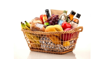 Shopping basket full of variety of grocery products, food and drink isolated on white background. Generative Ai