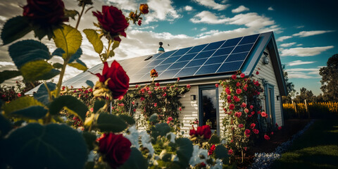 Fototapeta na wymiar Modern house with solar panel and beautiful flower garden. Photovoltaic solar panels in modern house roof. Alternative and Renewable energy concept. Generative AI