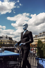 Generative AI illustration of artificial intelligence dressed as a waiter working on the terrace of a bar in Paris