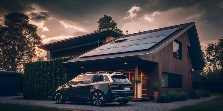 Modern house with solar panels, photovoltaic, modern car near house. Electrocar, green energy, zero emission.  Ai generative