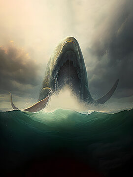 A whale jumping out of the stormy sea, dark clouds in the background, fantasy art