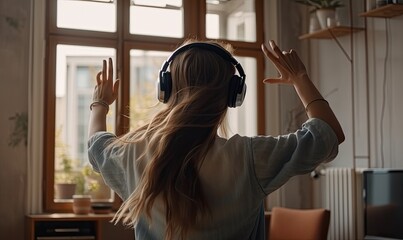 Fototapeta premium A woman with headphones is listening to music, relaxing in the living room, generative AI