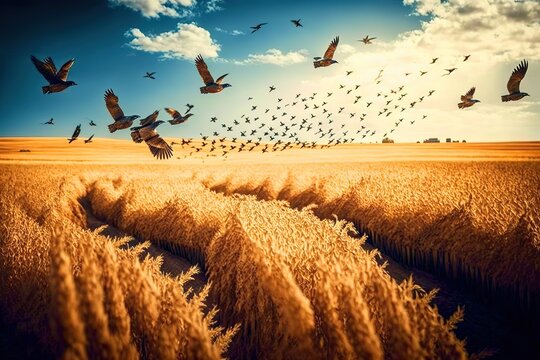 A flock of birds flying over a field of crops. Generative AI.