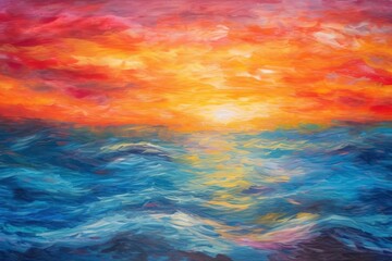 Fototapeta na wymiar a painting of a sunset over a body of water with waves. generative ai