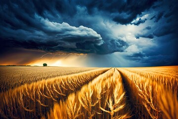 A shot of a field of wheat with a stormy sky in the background. Generative Ai.
