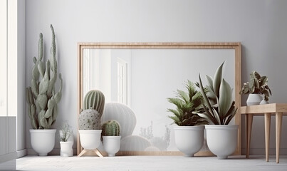 Obraz na płótnie Canvas Interior with green succulents and cactus on a floor, generative AI