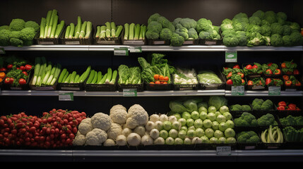 Fresh vegetables on shelf in supermarket for background. Generative Ai
