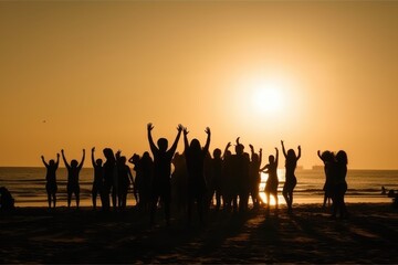 Fototapeta premium Silhouettes of People Dancing Summer Beach Party Concept