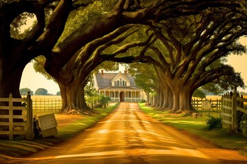 A tree-lined driveway leading up to a farmhouse. Generative Ai.