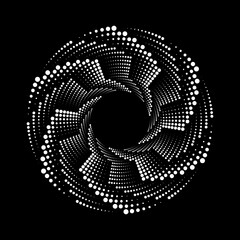 White  halftone dots in  circle  form. Geometric art. Design element for border frame, round logo, tattoo, sign, symbol, badge, emblem, social media, prints, template, pattern, backdrop