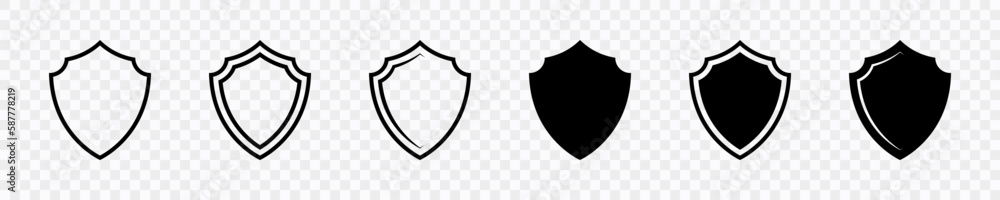 Poster shield icon set. collection of security shield. linear and contour signs of shields. protect and sec