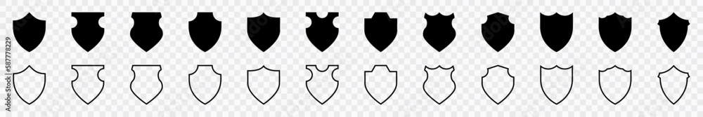 Poster shield icon set. collection of security shield. linear and contour signs of shields. protect and sec