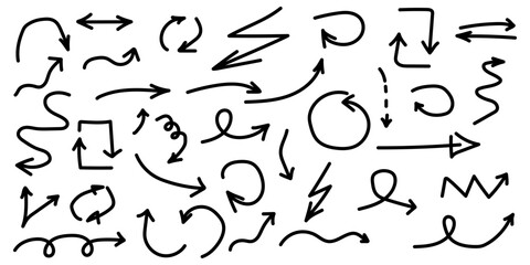 Hand drawn arrows collection. Black doodle set on white background. Vector illustration.