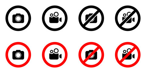 Set of icons prohibiting photography and video. Photo and video camera in crossing signs. Vector illustration.