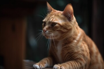 Fototapeta na wymiar an orange cat sitting on top of a wooden table next to a window. generative ai