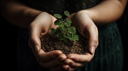 Woman's hands holding a small plant with soil Generative AI