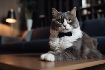 A fluffy Persian cat in a luxurious and large apartment, its luxurious fur and expressive face create a warm and inviting scene, emphasizing the cat's elegance and beauty, generative ai.