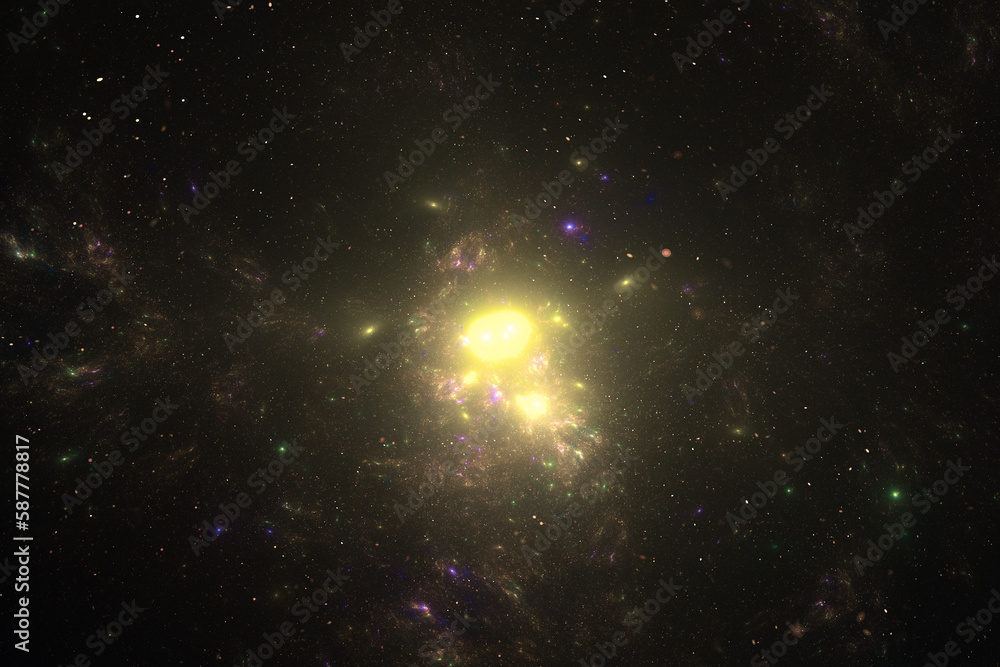 Poster yellow glowing clouds of stardust in black space. abstract fractal 3d rendering