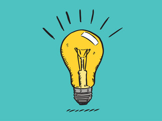 Hand-drawn vector graphic showing a  light bulb of ideas. Colorful doodle illustration. 
