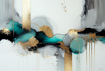 Splashes of bright paint on the canvas.Gold, black, blue and gray colors. Interior painting. Beautiful background. Generative AI.