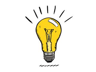 Hand-drawn graphic showing a  light bulb of ideas. Colorful doodle illustration. 
