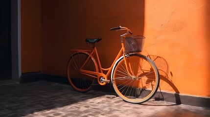 Fototapeta na wymiar Orange City Bike Against Shiny Silver Wall