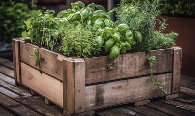 Fototapeta na wymiar Wooden crate with a variety of fresh green potted culinary herbs growing outdoors in a backyard garden, generative AI