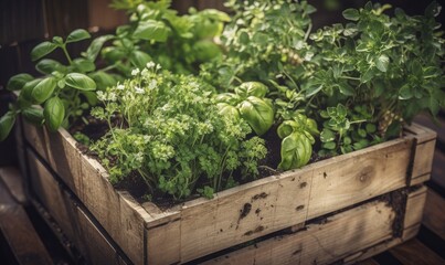 Wooden crate with a variety of fresh green potted culinary herbs growing outdoors in a backyard garden, generative AI
