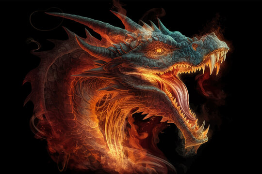 Head of Fantasy Dragon. Ferocious monster. Vicious dragon with a gaping maw. Beast showing its might. Savage creature. Fierce. Angry. Menacing. Terrifying. 3D vector illustration. Image. Digital