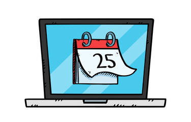 A hand-drawn graphic showing a laptop with a calendar application software. Colorful doodle illustration.