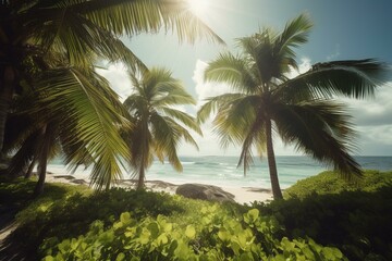 Obraz na płótnie Canvas green palms in the beach, ocean, sunny Generative AI