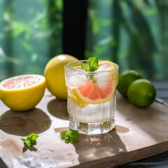  sliced lemon, shot, glass, summer Generative AI